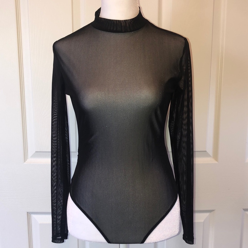 Charlotte Russe Bodysuit Mesh Long Sleeve Black Size Small